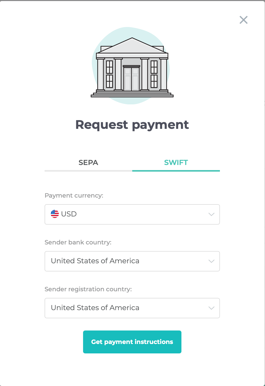 Request payment window in Bankera Internet Banking with the SWIFT tab selected